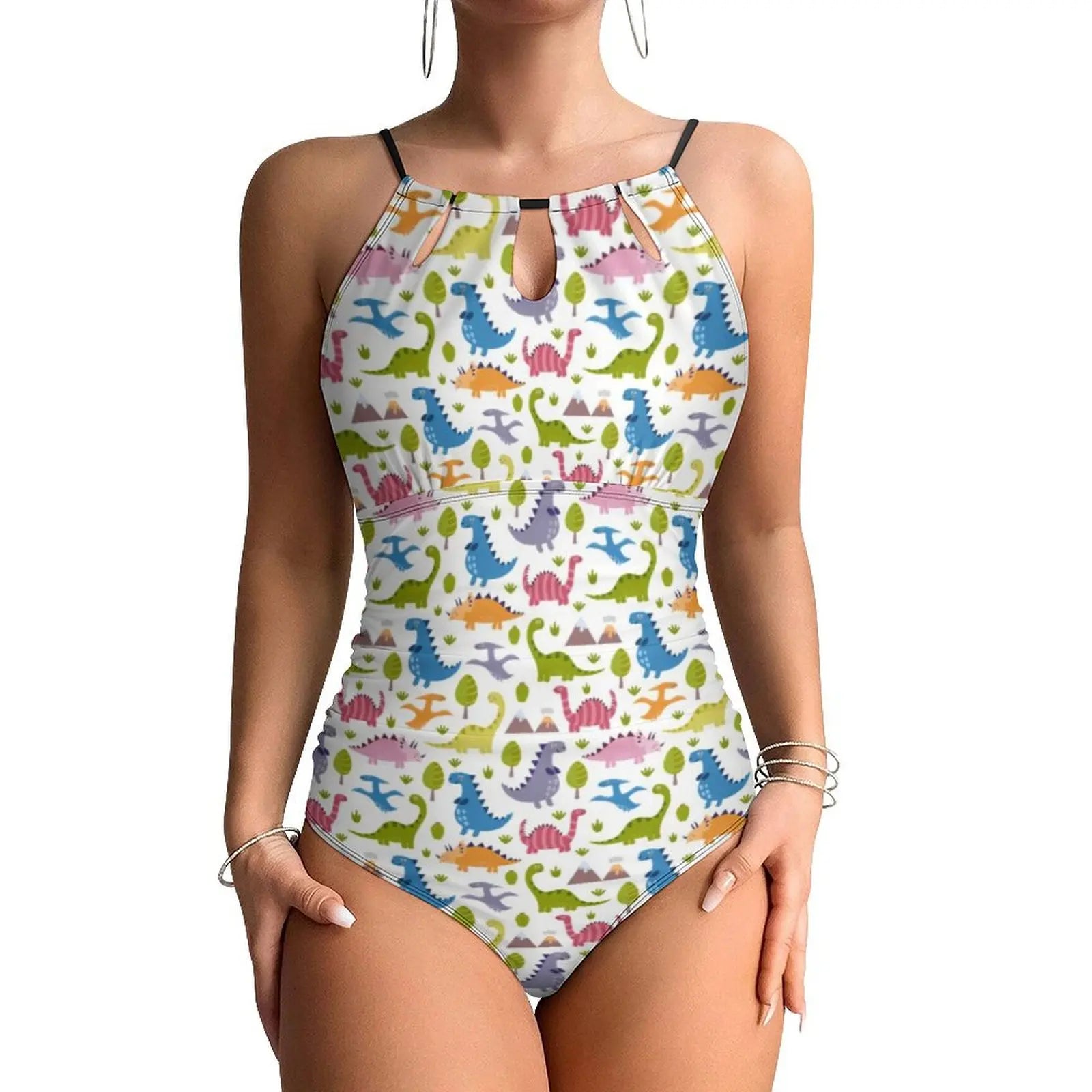 Halter One-Piece Swimsuit With Botanical Dinosaurs Print — Pastel Green | KIMLUD