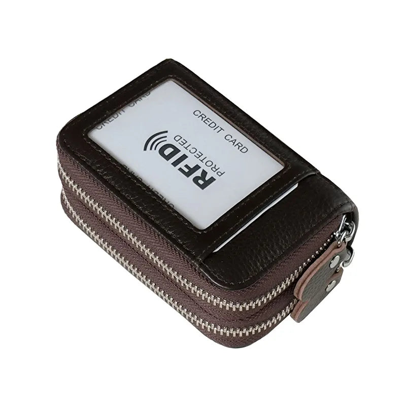Genuine Leather Wallets RFID Blocking Double Zipper — Black | KIMLUD