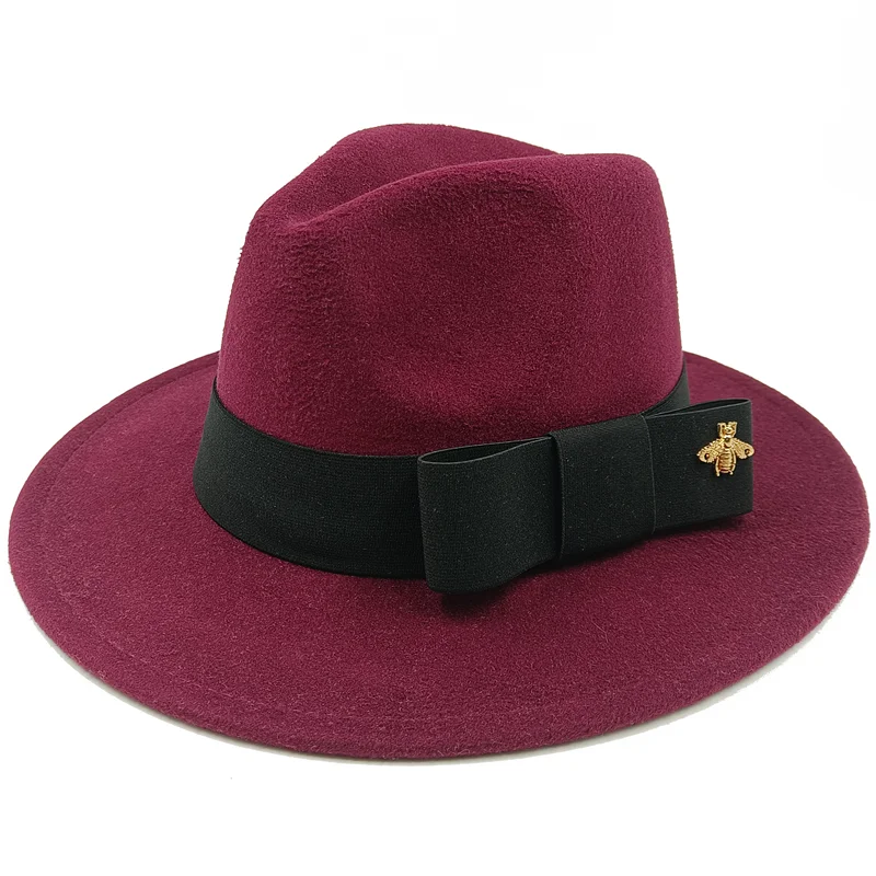 Low price wholesale Fedora hats Winter jazz monochrome bow elastic band men and women red jazz hats Fedora hats sombrero hombre - KIMLUD