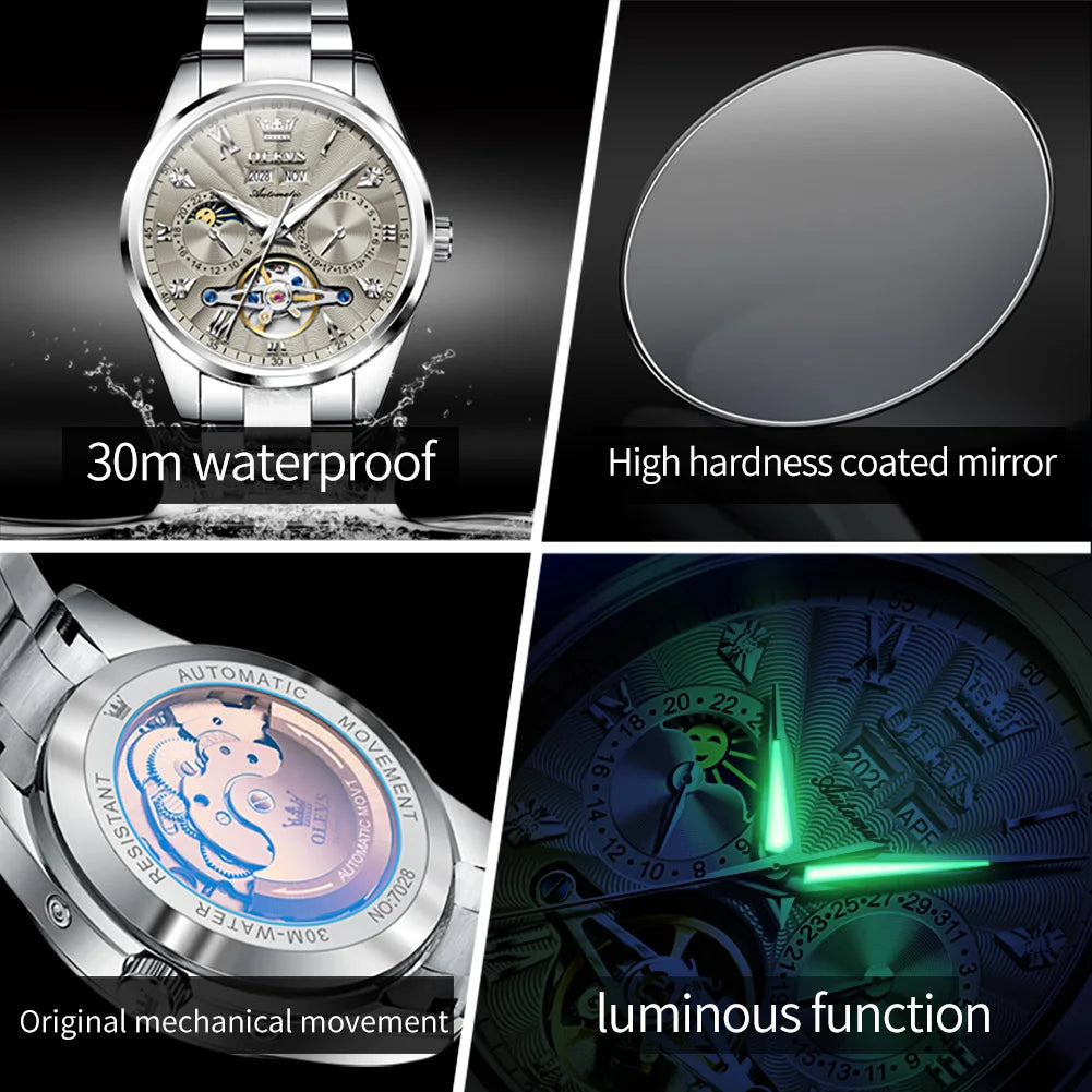 OLEVS Men's Watches Tourbillon Style Trend Fashion Original Automatic Mechanical Wristwatch Waterpoorf Luminous Moon Phase Clock