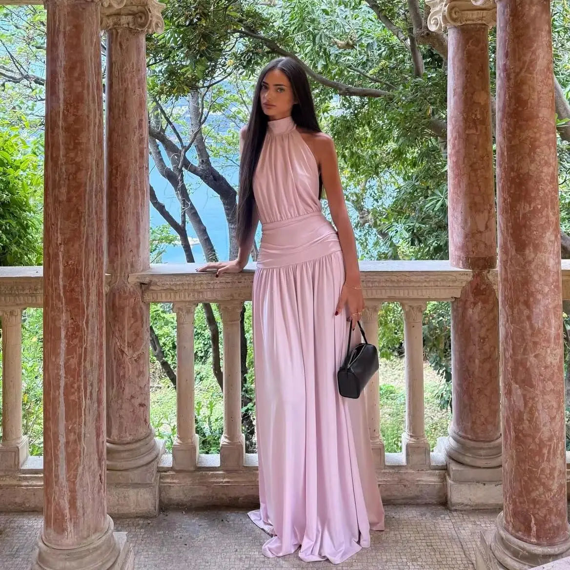 Evening Dress – Halter Neck – A-Line Silhouette – Blush Pink | KIMLUD