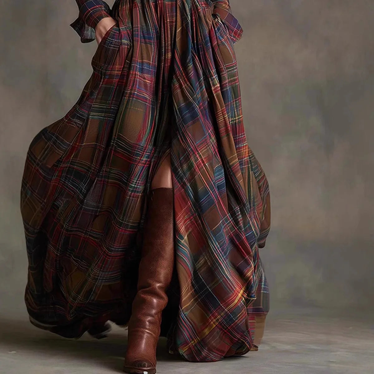Maxi Dress – Plaid Print – Long Sleeve – Button Pocket – Polyester | KIMLUD