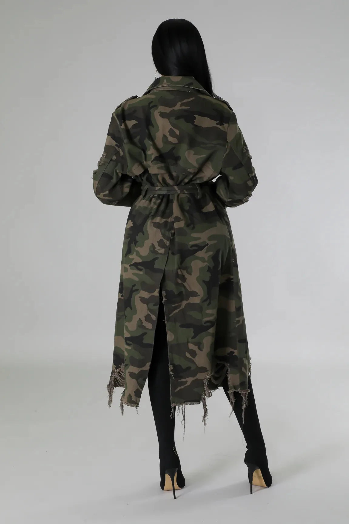 Camouflage Ripped Trench Jacket Long Coats Hole Windbreaker Sashes Single Breasted 2025 Women Streetwear Jackets Outerwear