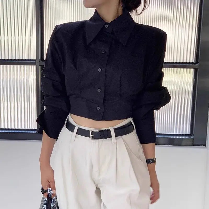 Polyester Blouse Turn-Down Collar Long Sleeve — White | KIMLUD