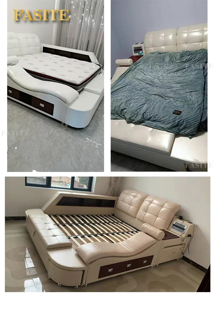 Genuine Leather Bed Tech Smart Multifunctional Massage, Bluetooth Speaker, Air Cleaner — White | KIMLUD