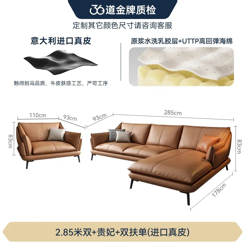 European Designer Leather Sofa Set Double Living Room Sofas With Foot Stool — Charcoal | KIMLUD