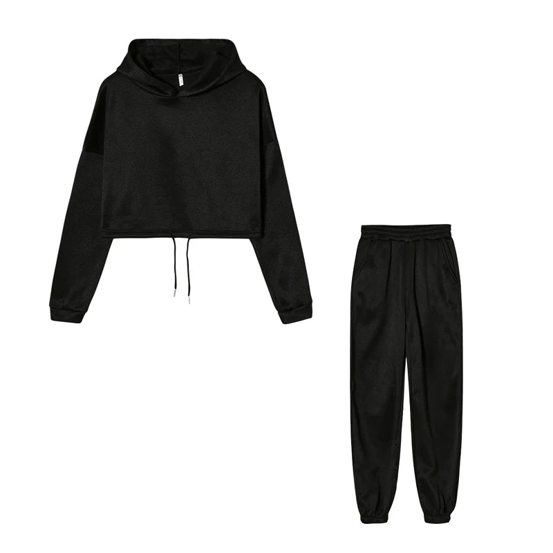 Polyester-Cotton Two-Piece Set Cropped Hooded Top and Joggers — Rose Pink | KIMLUD