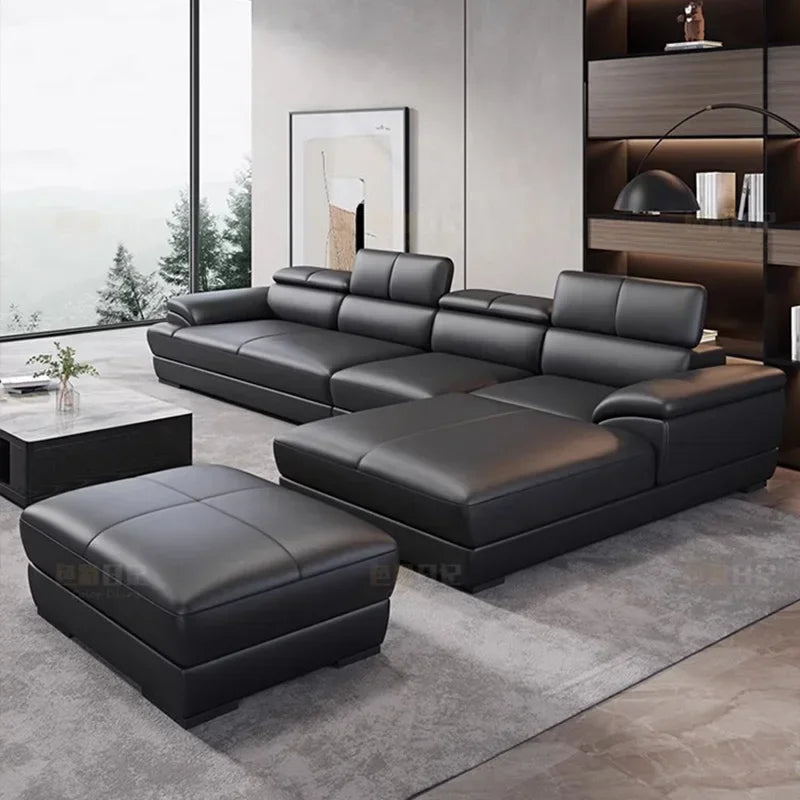 Minimalist Sectional Sofa Modular Design With Cowhide Accents — Charcoal Black | KIMLUD