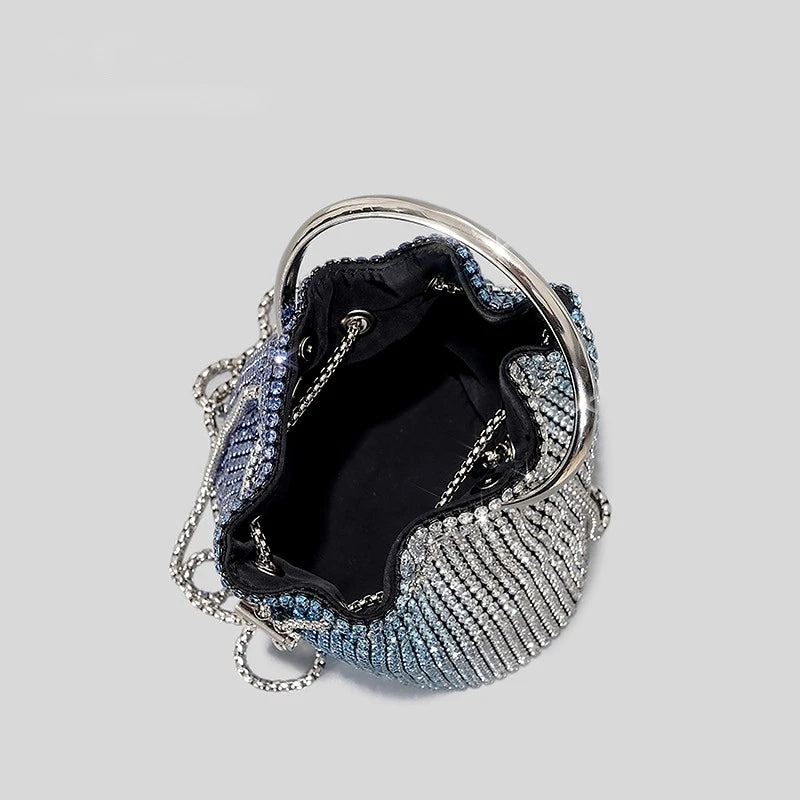 Crystal Tassel Evening Clutch Round Handle — Pink-Silver Gradient | KIMLUD