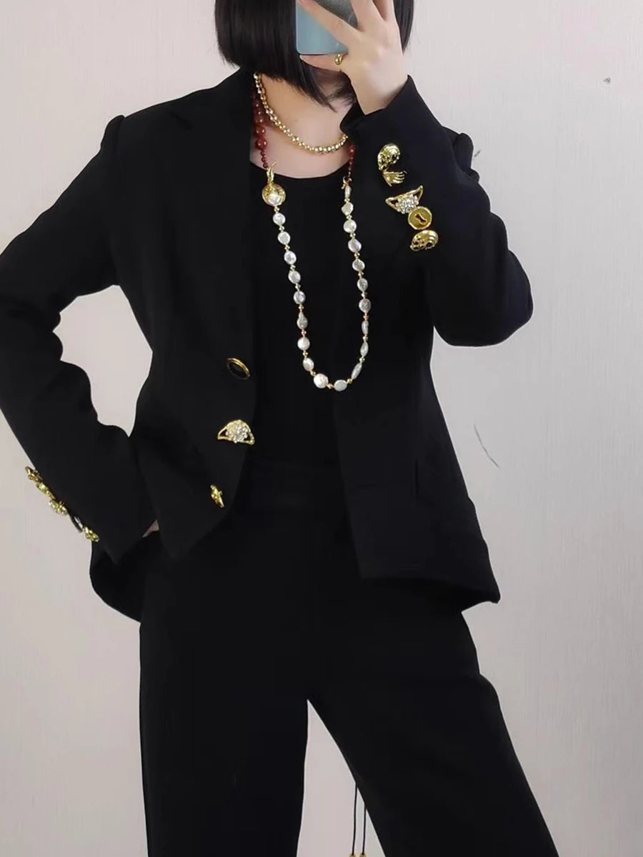 Cotton-Polyester Slimming Jacket With Lace-Up Patchwork — Black | KIMLUD