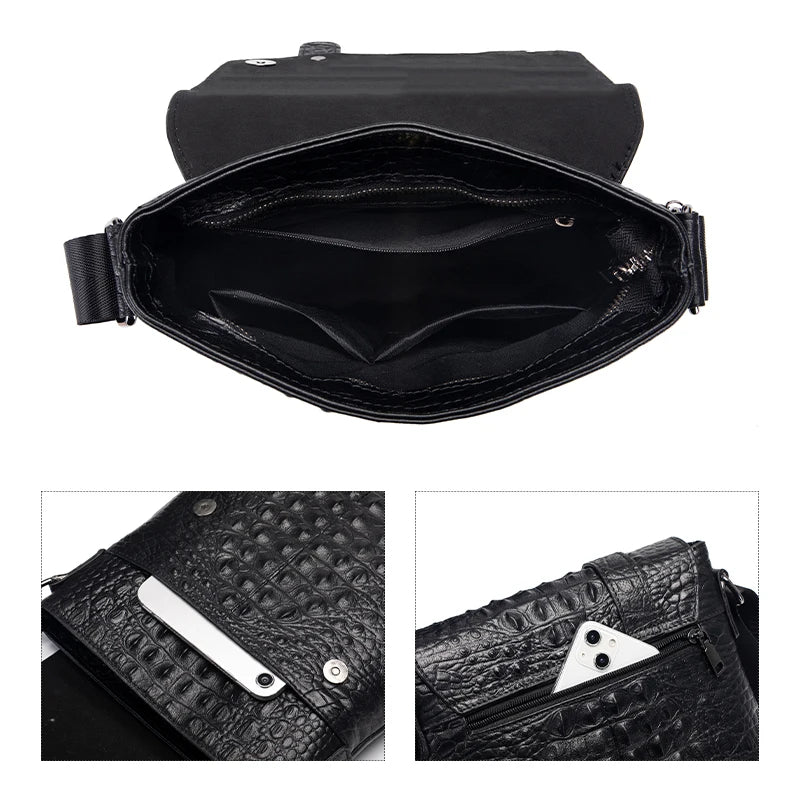 Genuine Leather Crocodile Pattern Crossbody Bag Vintage — Black | KIMLUD