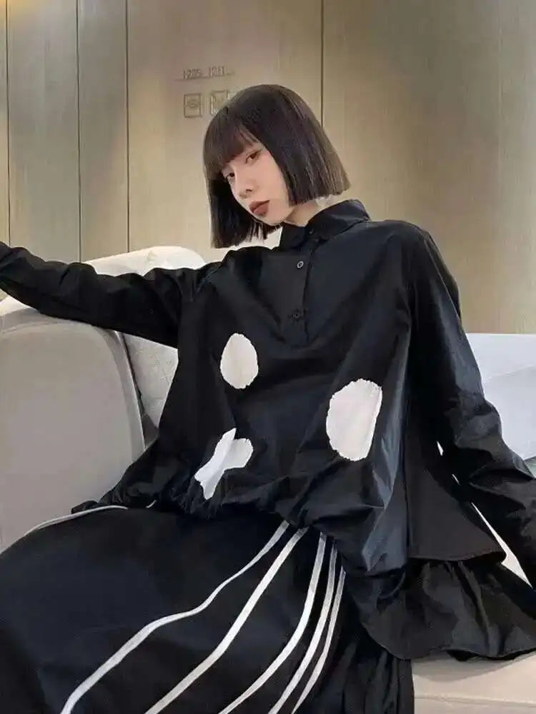 EAM Women Black Color-block Dot Big Size Blouse New Lapel Long Sleeve Large Hem Shirt Fashion Tide Spring Autumn 2024 1DH4274