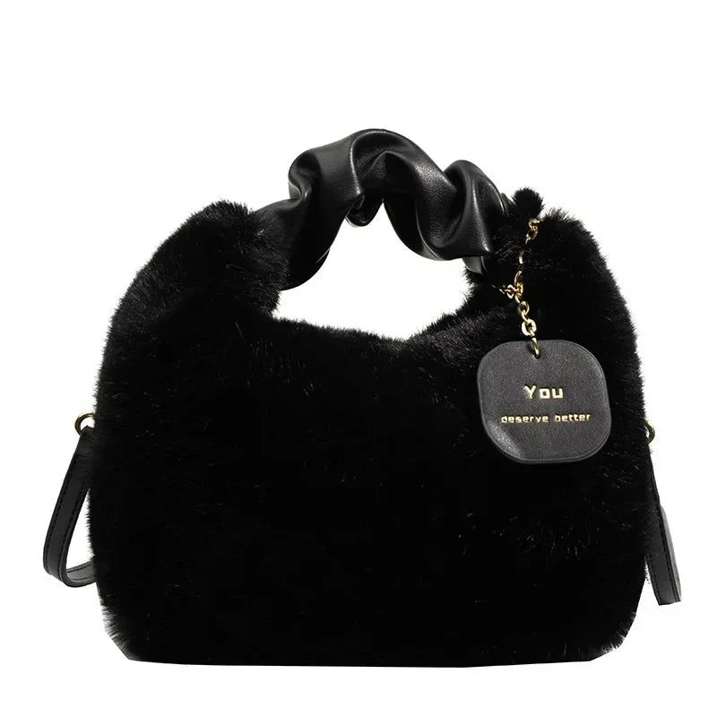 New Fashion Women Lady Shoulder Underarm Bag Solid Color Soft Plush Handbag Fluffy Totes Purse Autumn Winter Shopping Bag