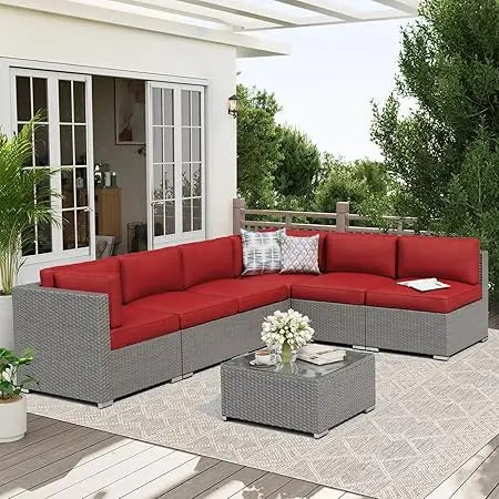 Rattan Outdoor Sofa Set 7-Piece With Glass Top Table — Red | KIMLUD
