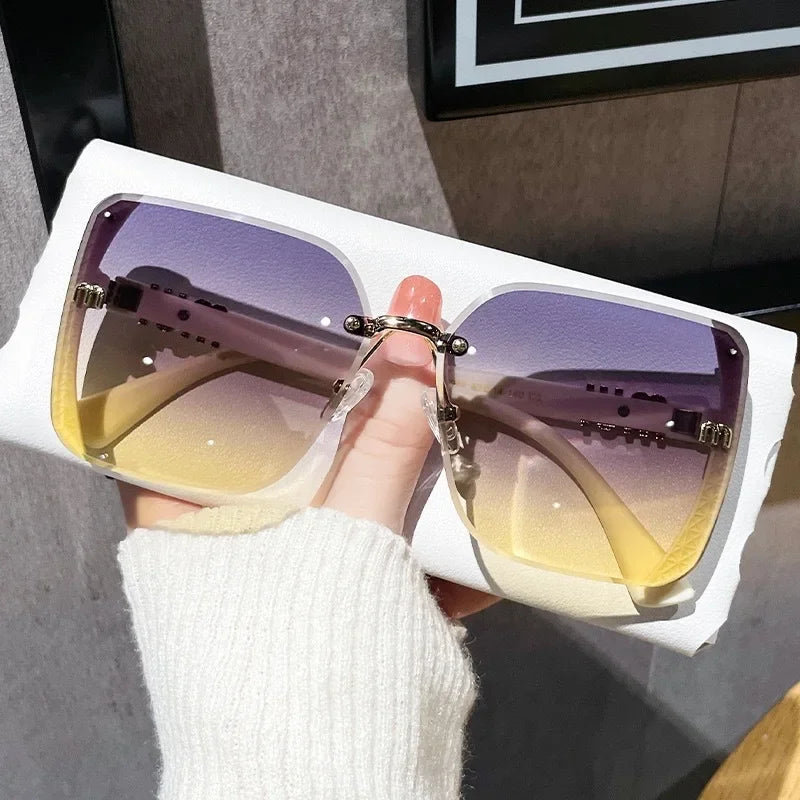 Alloy Frame Oversized Square Sunglasses Gradient Lenses With Sculpted Bridge — Lavender-Lemon Gradient | KIMLUD