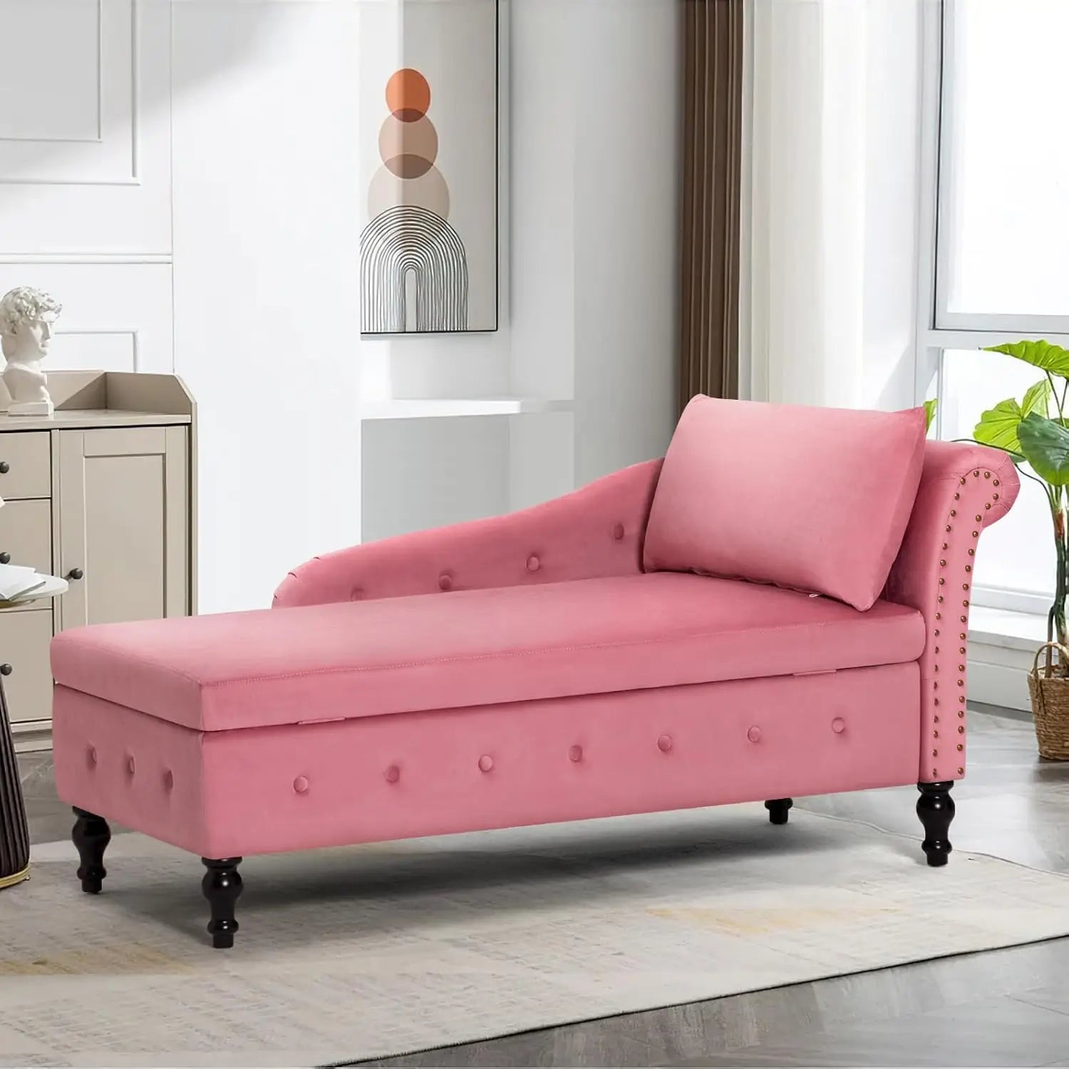 Velvet Chaise Lounge with Left Armrest & Storage Space,Button Tufted Lounge Chair w/Lumbar Pillow,Modern Upholstered Lounge Chai