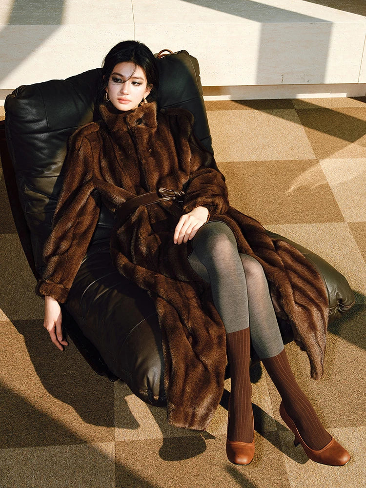 Lautaro Spring Winter Long Soft Thick Warm Brown Faux Mink Fur Coat Women Luxury High Quality Elegant Chic Fluffy Overcoat 2025