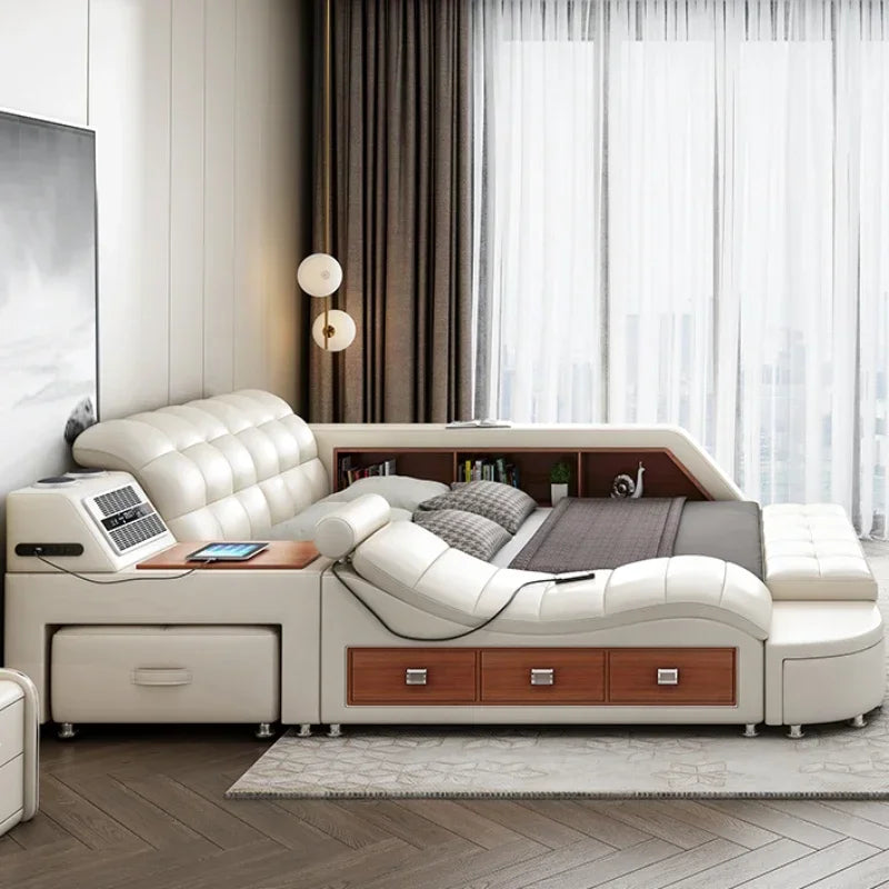 Genuine Leather Bed Tech Smart Multifunctional Massage, Bluetooth Speaker, Air Cleaner — White | KIMLUD