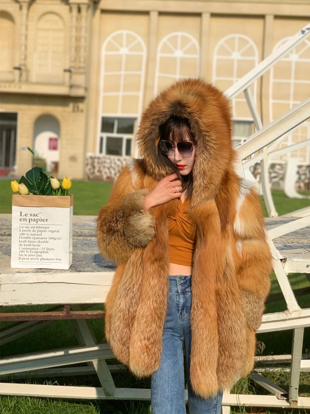 KIMLUD, Real Red Fox Fur Jacket With Hood Women Plus Size Long Sleeves Winter Luxury Female Hooded Fox Fur Coat With Collar, KIMLUD Womens Clothes