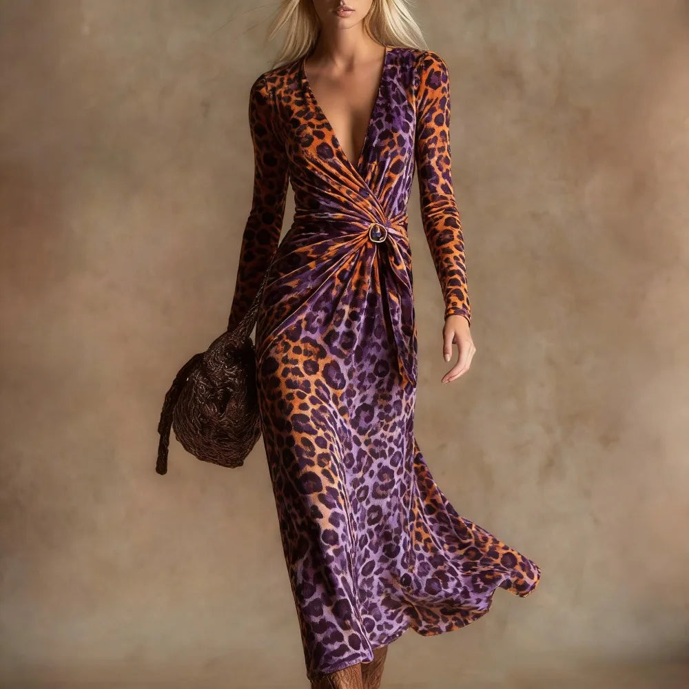 Leopard Print Maxi Dress – Twist Front – Polyester – Leopard | KIMLUD