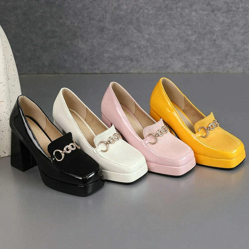 KIMLUD, Extra Big Size 49 50 Bright Yellow Metal Crystal Chain Woman's Pumps Spring Fall Shoes Slip-on Loafers Platform Block High Heels, KIMLUD Womens Clothes