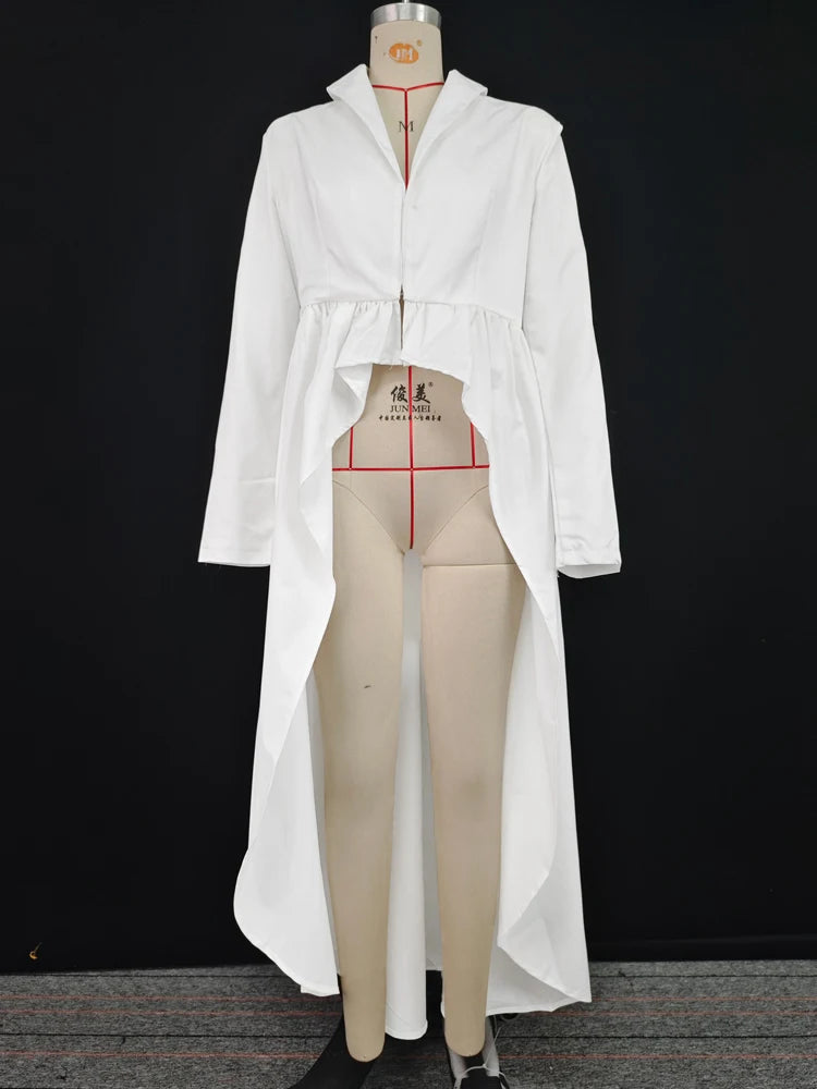 Beautyblue High-Low Wrap Blazer Top White Women's V-Neck Coats New Fashion Solid Color Falbala Pleated Elegant Chic Clothing
