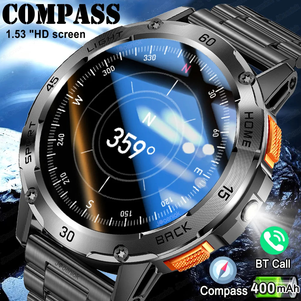 Outdoor Sport Smart Watch Men Compass 400mAh Battery Flashlight Health Monitoring Waterproof Bluetooth Call Smartwatch 2025 New