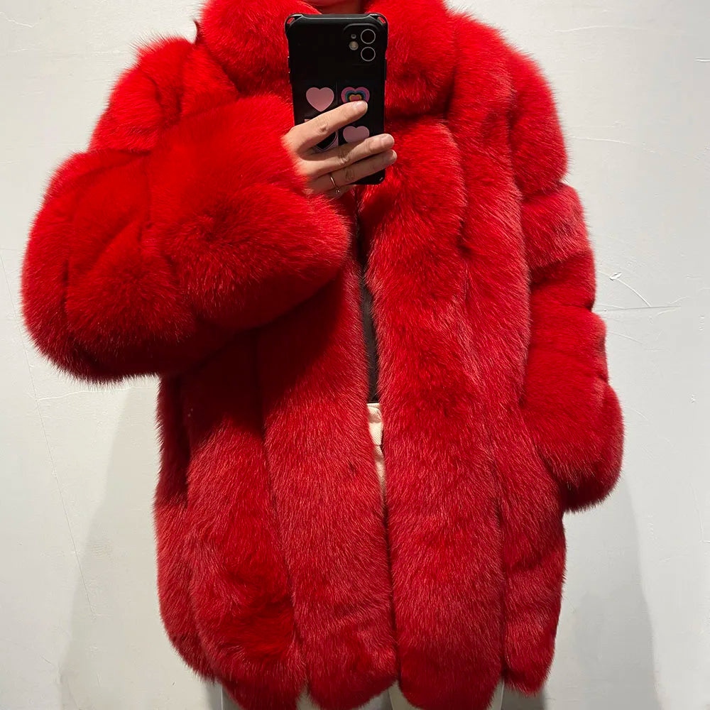 YOLOAgain Women's Stand Collar Real Fox Fur Jacket Natural Fox Fur Coat 2024 Winter