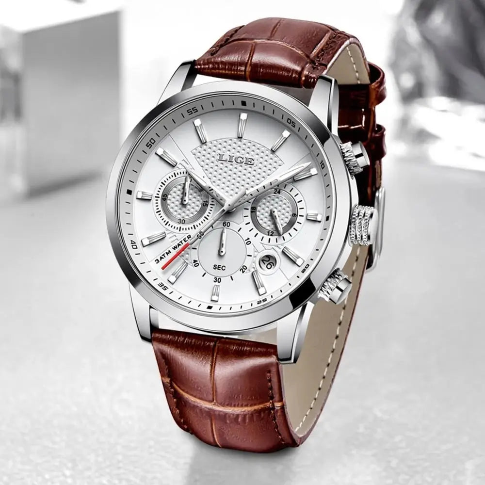 LIGE Watches Men 2025 Top Brand Luxury Casual Leather Quartz Men Watch Man Business Clock Male Sport Waterproof Date Chronograph