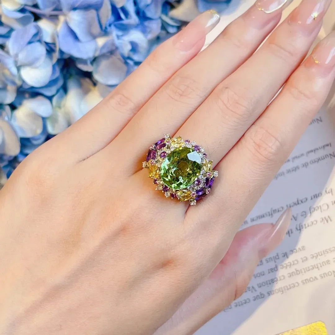 Bohemia Colored Gemstone Adjustable Ring 925 Sterling Silver Flower Open Ring for Women Wedding Engagement Birthday Jewelry Gift