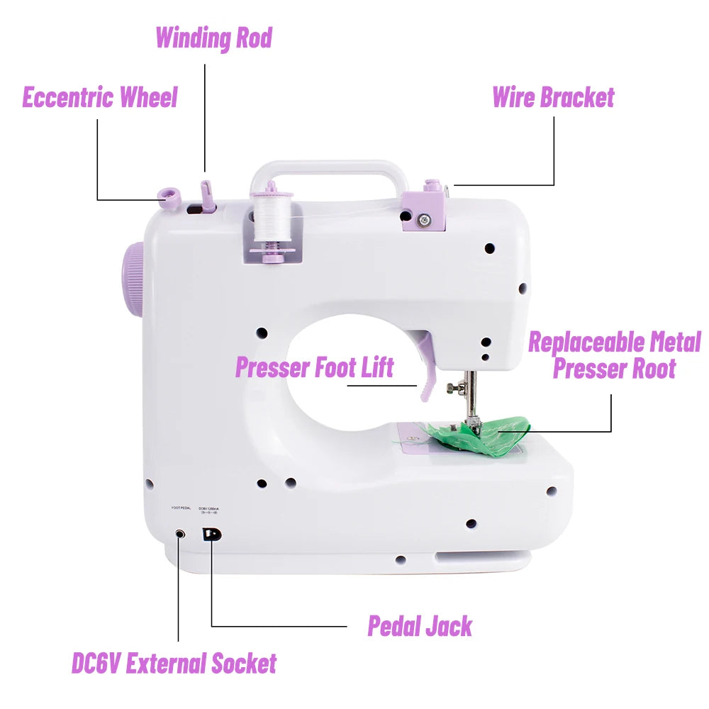 Portable Mini Electric Sewing Machine for Beginners 12 Stitches Foot Pedal Night Light Speed Control for DIY Home Sewing Mending