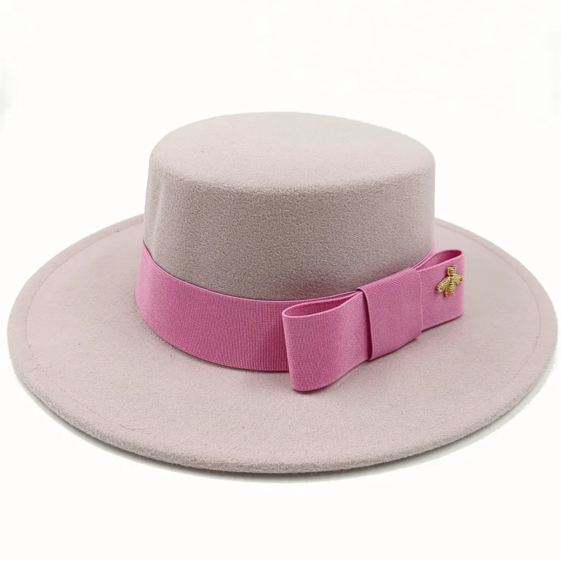 KIMLUD, Wholesale Fedora hats Winter round concave convex surface flat top bow elastic ribbon men&#39;s and women&#39;s felt jazz hats Fedora, 2 / China / 56-58cm, KIMLUD Womens Clothes