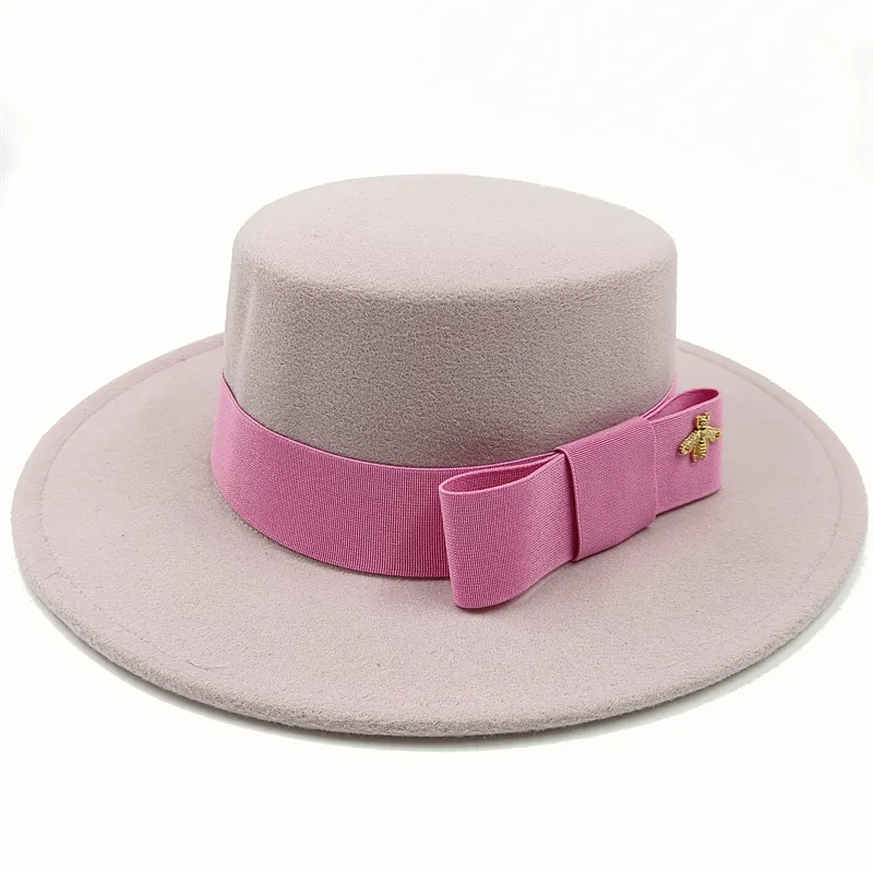 Wholesale Fedora hats Winter round concave convex surface flat top bow elastic ribbon men&#39;s and women&#39;s felt jazz hats Fedora - KIMLUD