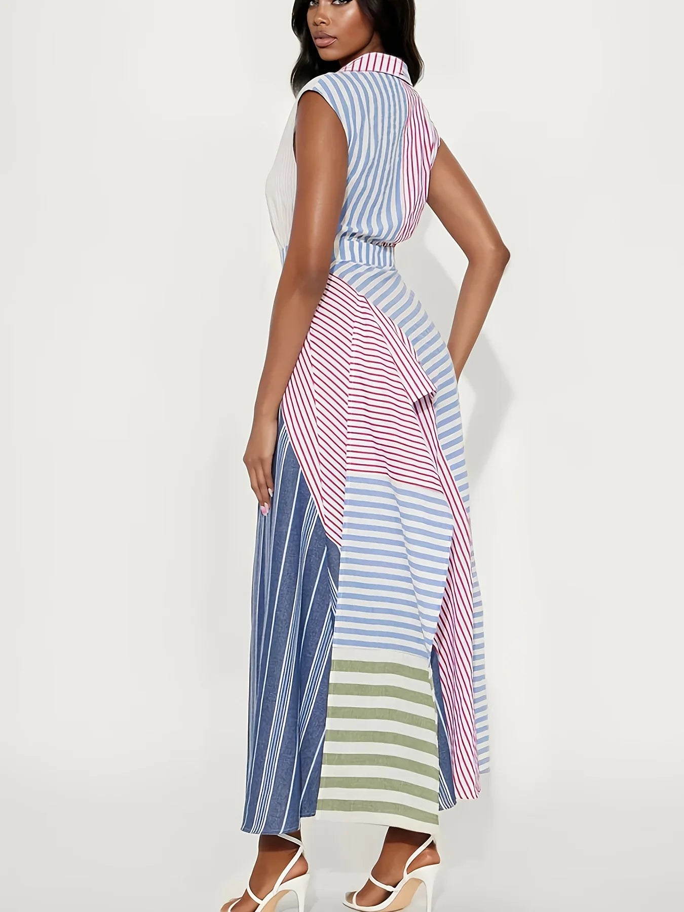 Personality Contrast Color Stitching Striped Dress Women's Summer Fashion Irregular Waist V-neck Sleeveless Commuting Dresses