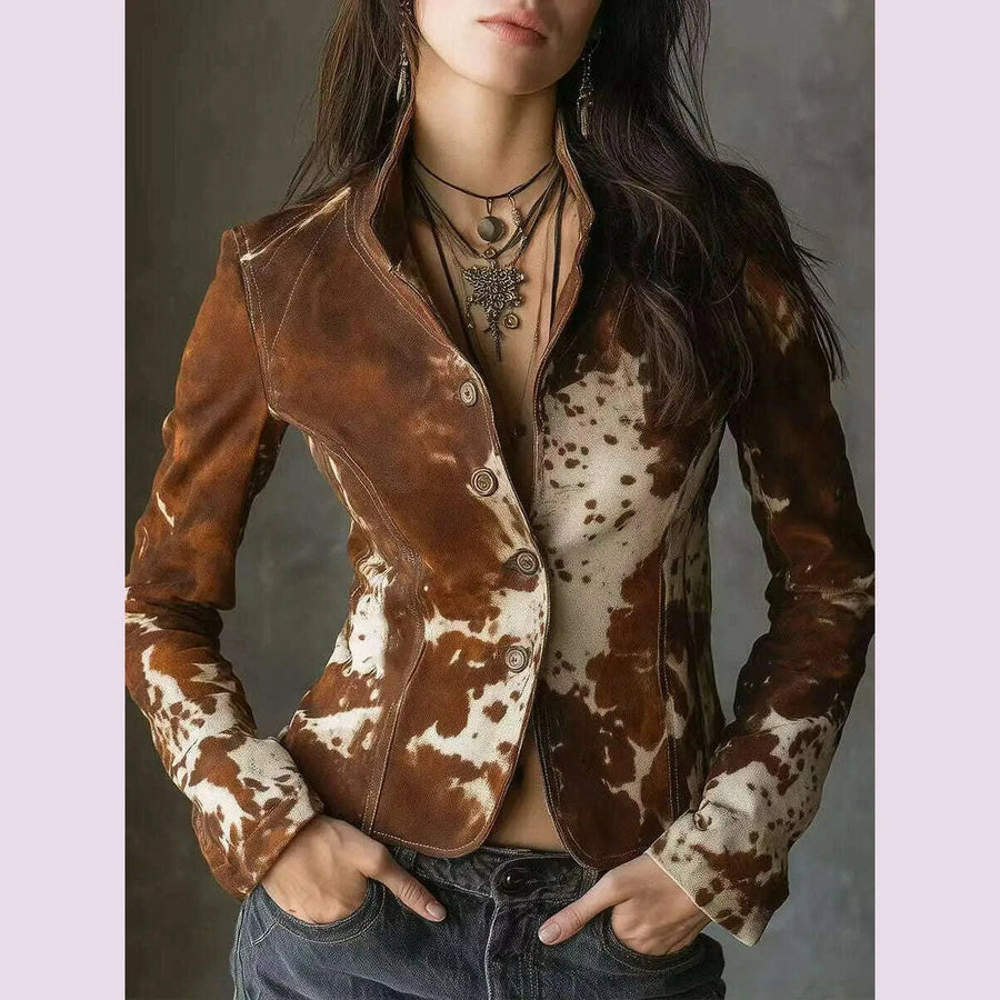 Vintage Printed Jacket Women Fashion Printed Lapel Patchwork Jackets 2025 Female Autumn Chic Casual Jackets Coat