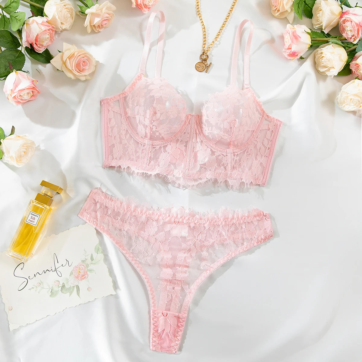 Fancy Floral Lace Sexy Lingerie 2 Pcs Sets Romantic Mesh Patchwork Corsets And Panties Intimate Suits Delicate Fairy Outfits New