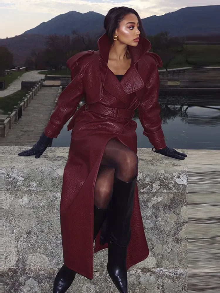 Y2k Street Long Leather Jacket Women Double Breasted Lapel Lace Up Female Coat 2025 Fashion Spring Full Sleeve Belt Lady Outwear