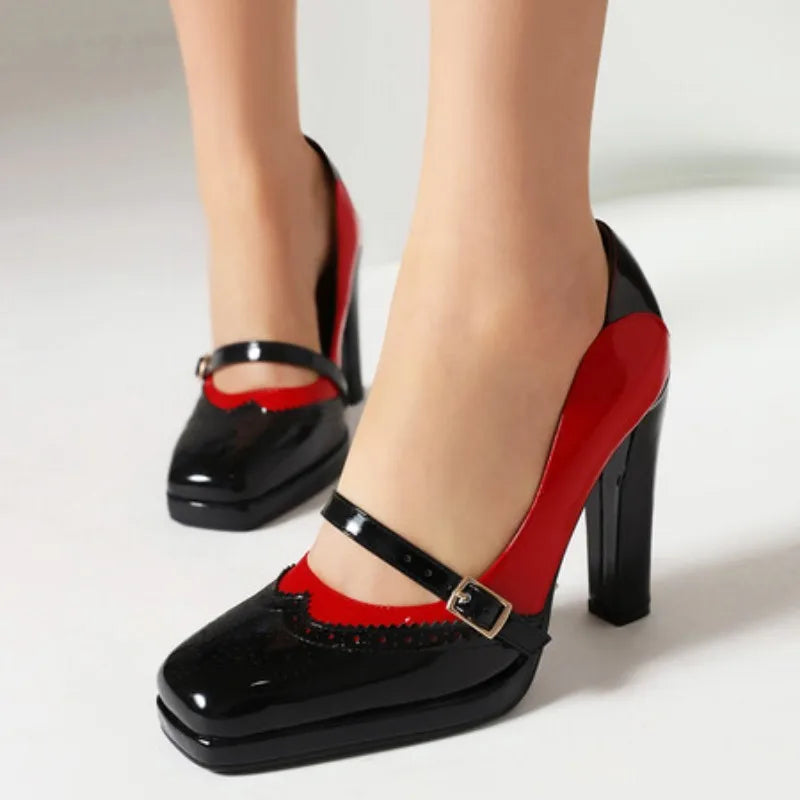 Square Toe Heels With Buckle Strap — Color Matching | KIMLUD