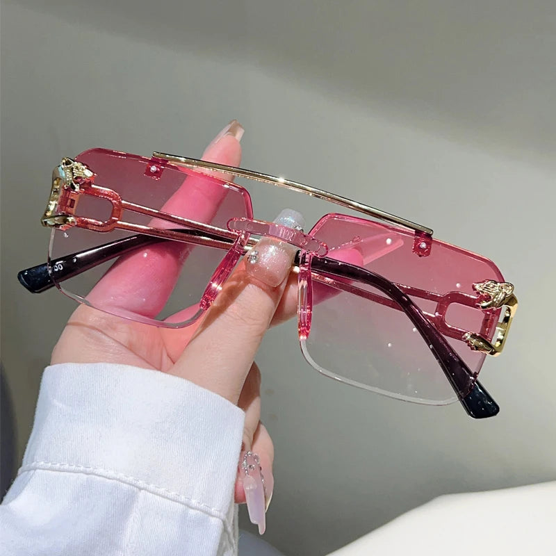 Rimless Sunglasses Square With Gradient Brown-To-Amber Lenses And Adjustable Nose Pads — Black | KIMLUD
