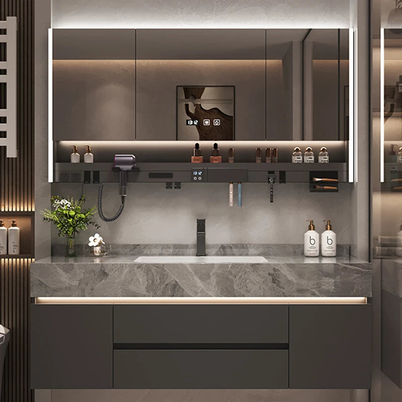 Solid Wood Vanity Cabinet With Marble Countertop And Integrated Mirror Lighting — White | KIMLUD