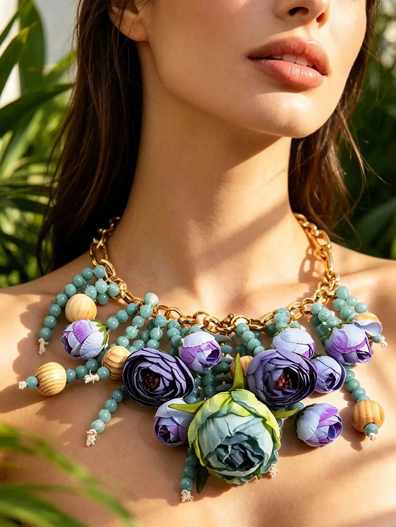 Bohemian Fabric Floral Necklace — Blue Purple | KIMLUD