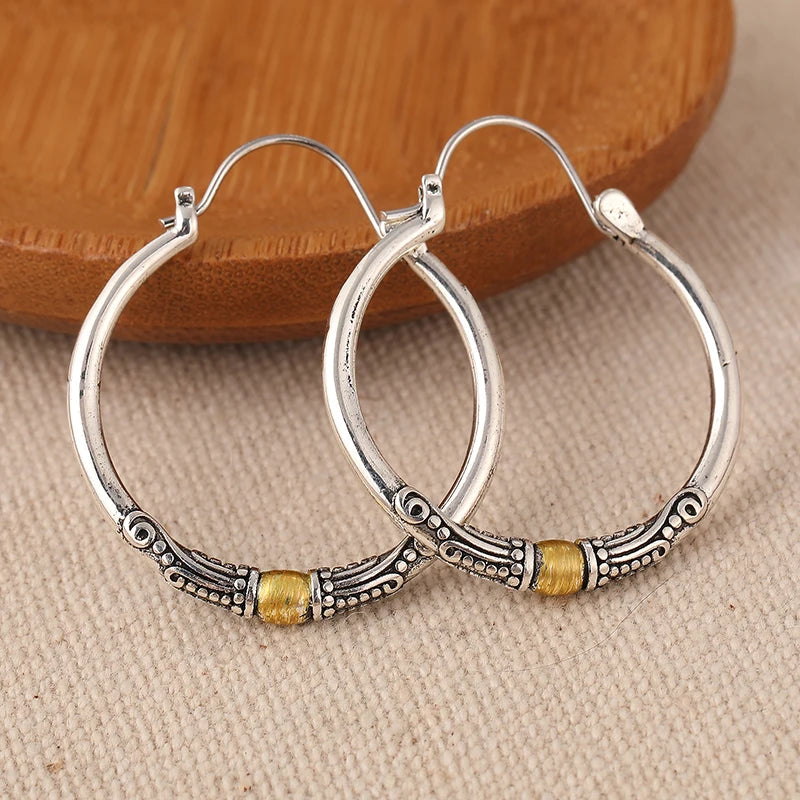 Hoop Earrings – Two-tone Textured Design – Copper Metal – Silver | KIMLUD