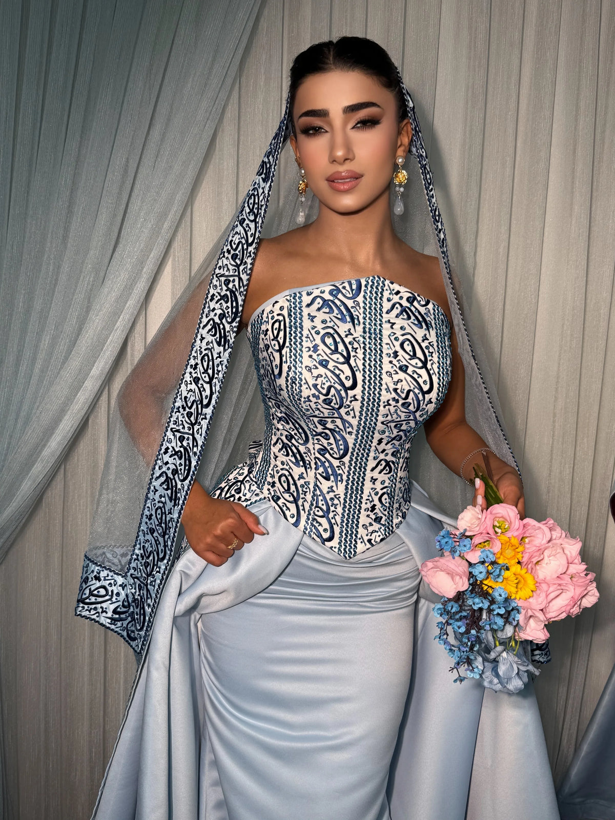 Evening Dress – Corset Print – Taffeta – Light Blue | KIMLUD