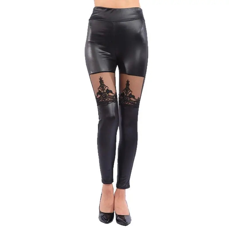 Lace Leather Patchwork Crop Pants Leggings — Black | KIMLUD