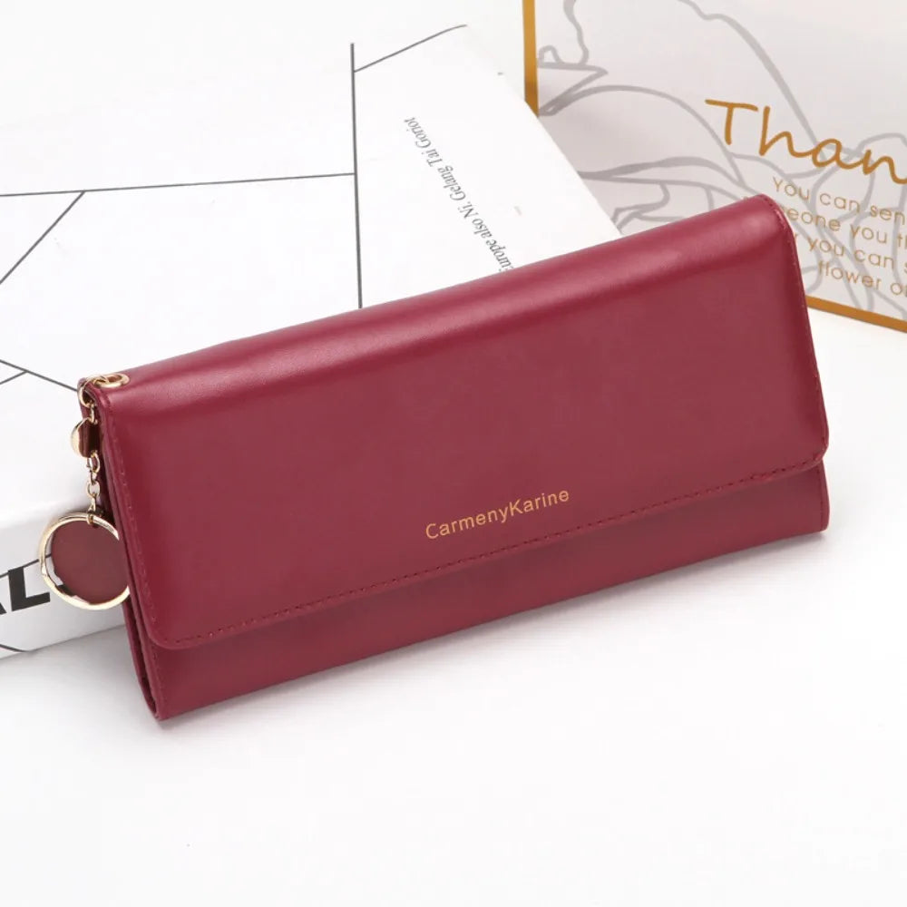 Korean Fashion Triple Folding Multi-functional Large Capacity Women's Long Wallets Clutch Solid Color Texture Simple and Elegant