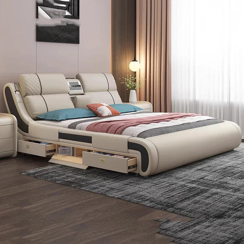 Modern Simple Massage Bed Luxury Water Proof Design Bedframe Double Bed Smart White   Nordic Furniture