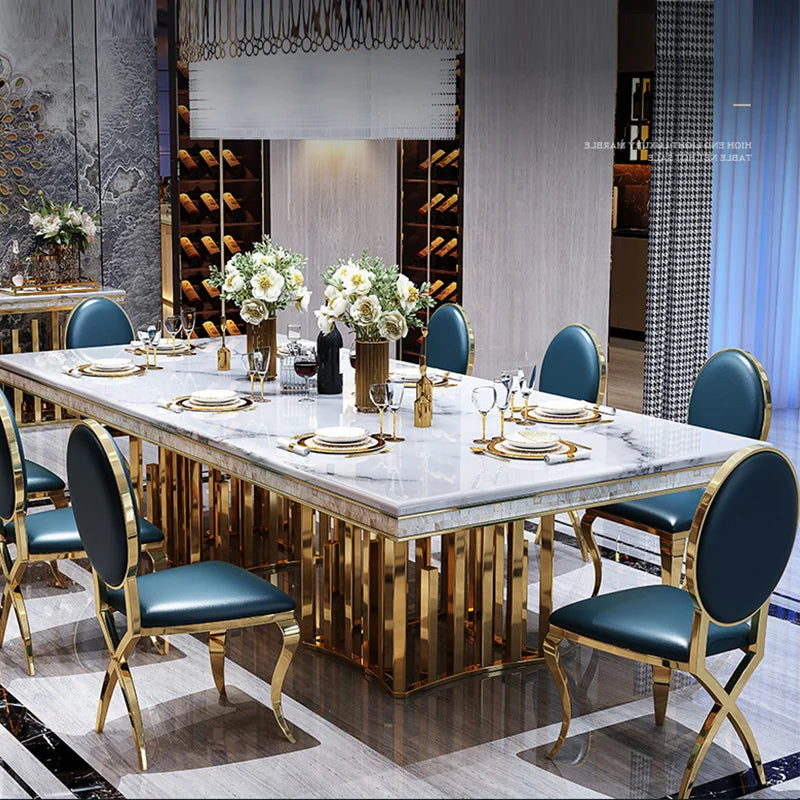 Marble Dining Table Rectangular With Stainless Steel Frame And Marble Surface — White | KIMLUD
