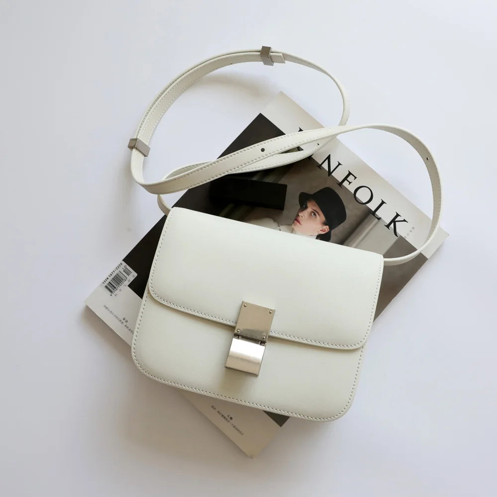 Split Leather Shoulder Bag Single Flap Lock — Black | KIMLUD