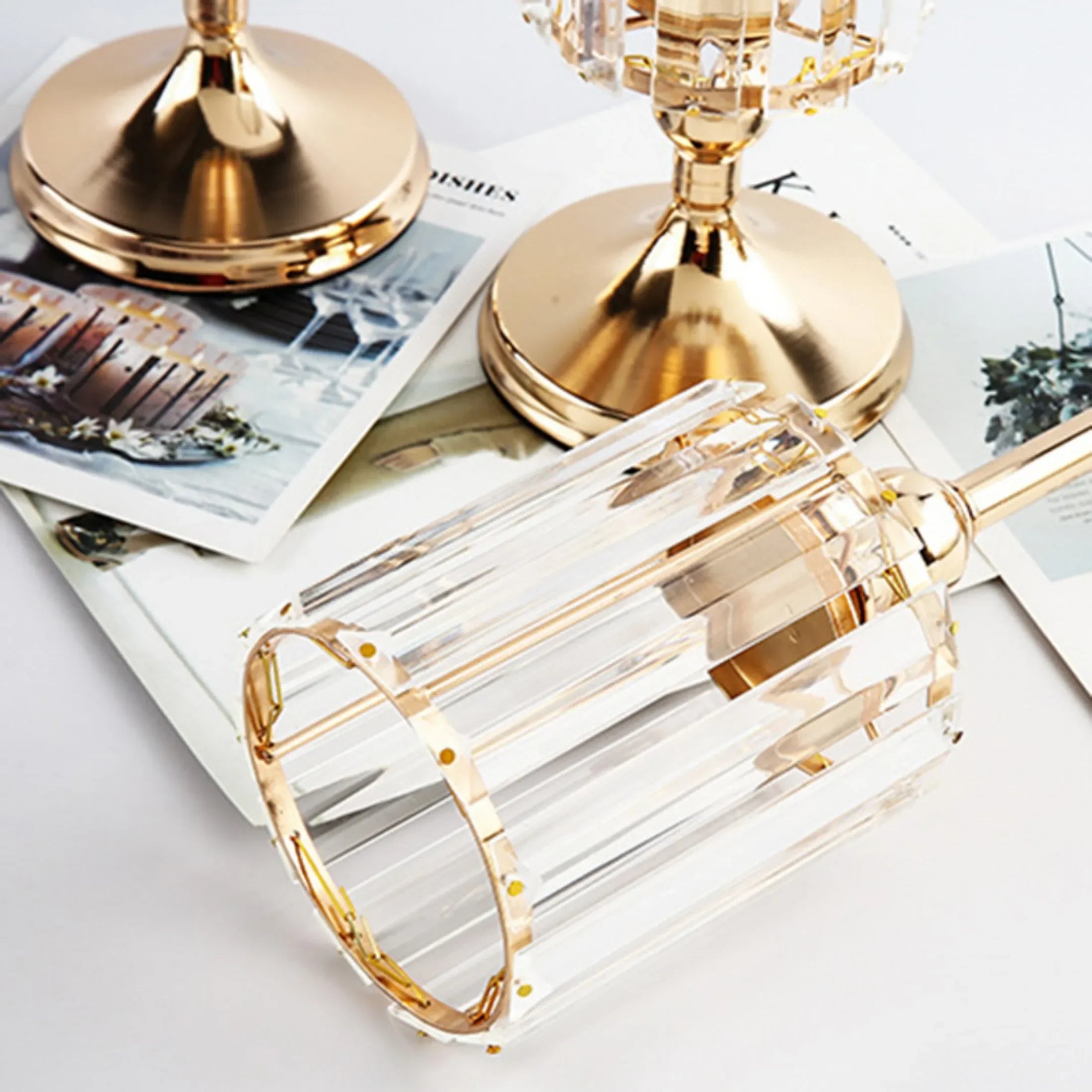 Crystal Gold-Toned Pillar Candle Holder For Dining Tables — Gold | KIMLUD