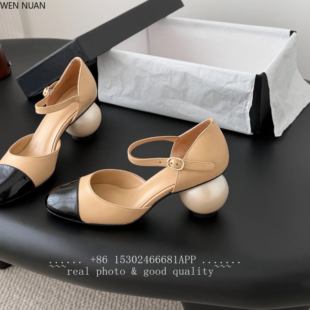 2026 New Genuine Leather Sandals Women Mary Jane Shoes Large Round Pearl Heels Buckle Strap Jane Women's Shoes Leather Side Open